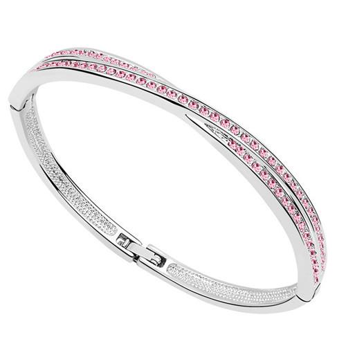18kt White Gold Plated Silver Bling Hinged Crossover Bracelet with Light Rose Swarovski Crystals
