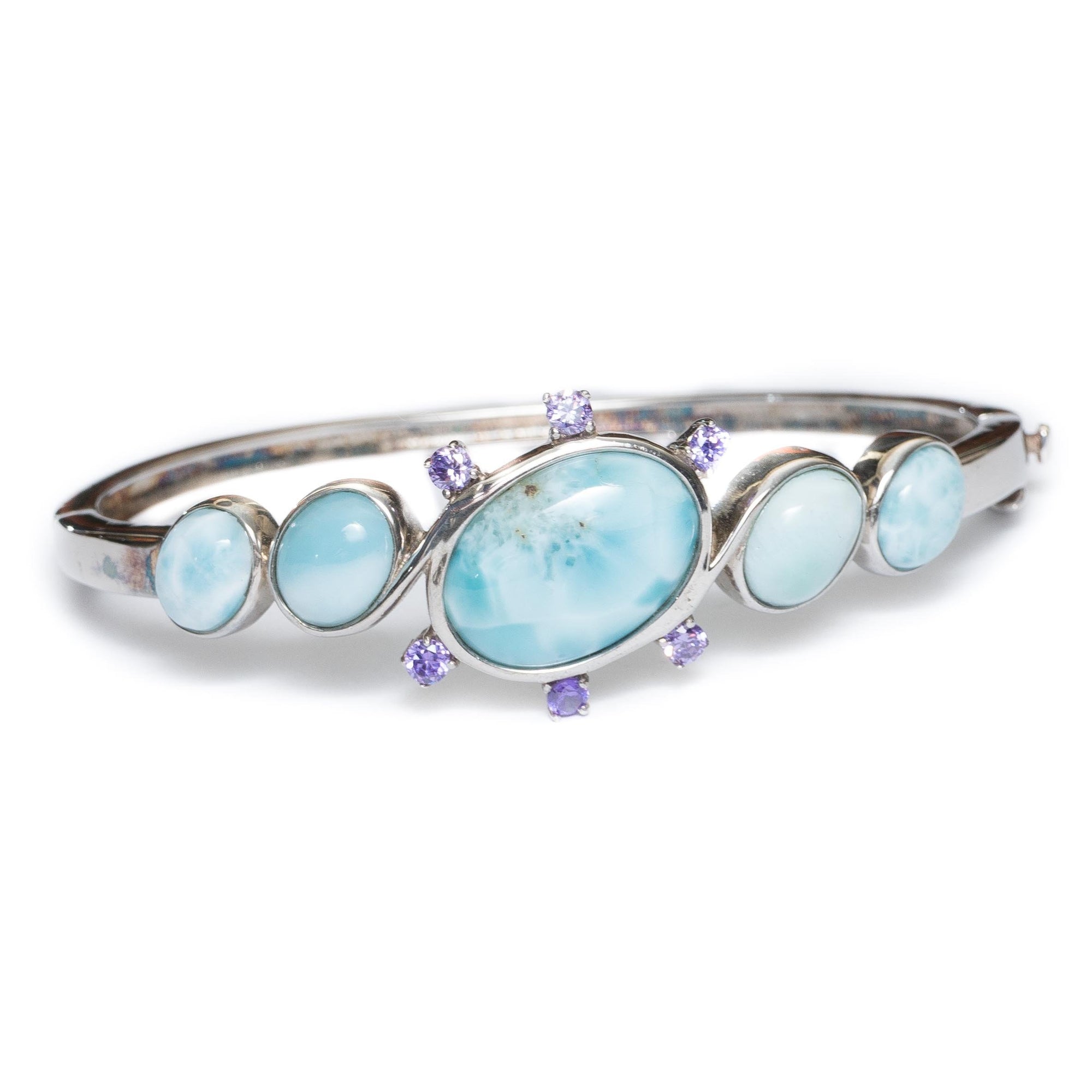 Rhodium Plated Sterling Silver Bangle Larimar and Amethyst Sterling Silver Bangle - Verado Jewellery Australia