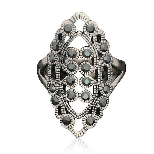 18kt White Gold Plated Oblong Marcasite Bling Ring